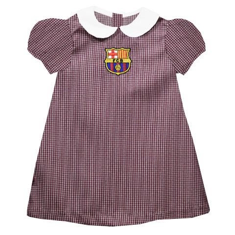 FC Barcelona Embroidered Maroon Gingham Short Sleeve A Line Dress