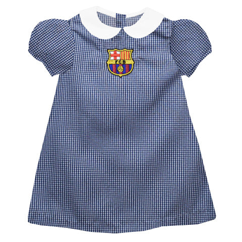FC Barcelona Embroidered Navy Gingham Short Sleeve A Line Dress
