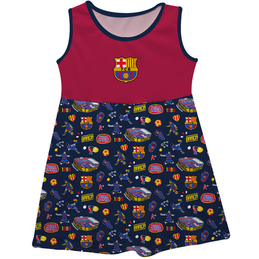 FC Barcelona Girls Repeat Print Impressions Maroon & Navy Sleeveless Tank Dress