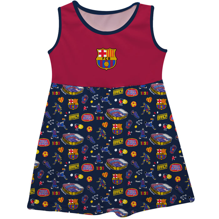 FC Barcelona Girls Repeat Print Impressions Maroon & Navy Sleeveless Tank Dress