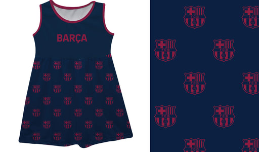 FC Barcelona Girls Sleeveless Tank Dress Solid Navy Logo Stripes on Skirt - Vive La Fête - Online Apparel Store
