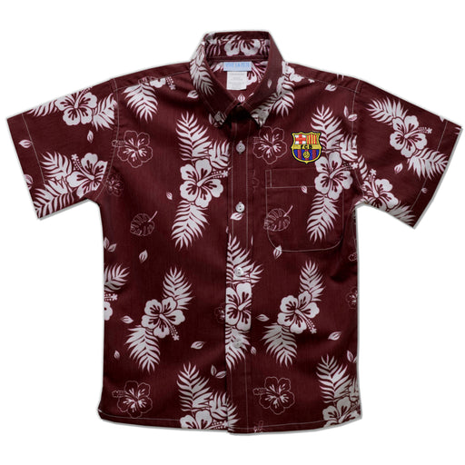 FC Barcelona Embroidered Maroon Hawaiian Short Sleeve Button Down Shirt