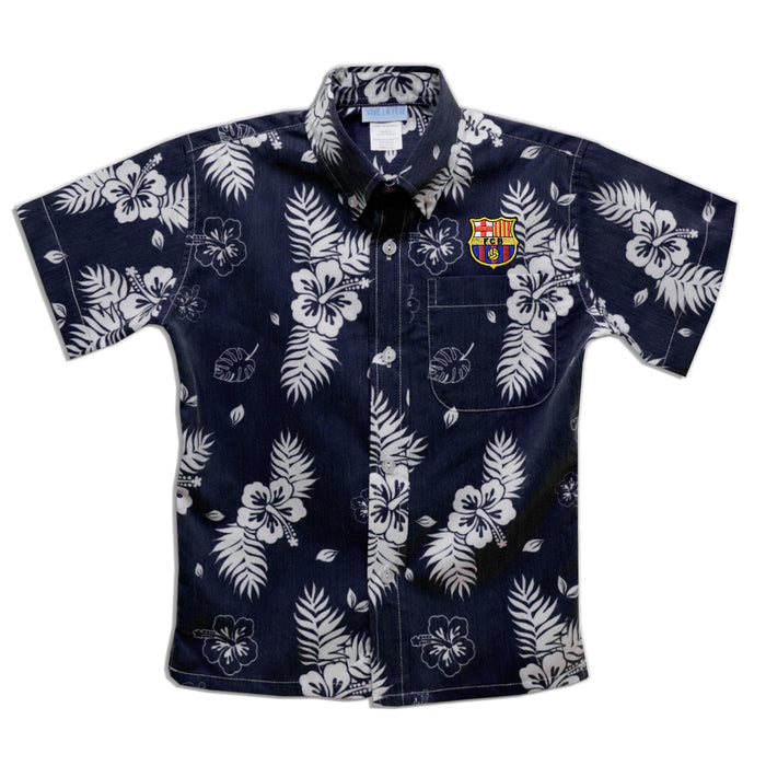 FC Barcelona Embroidered Navy Hawaiian Short Sleeve Button Down Shirt