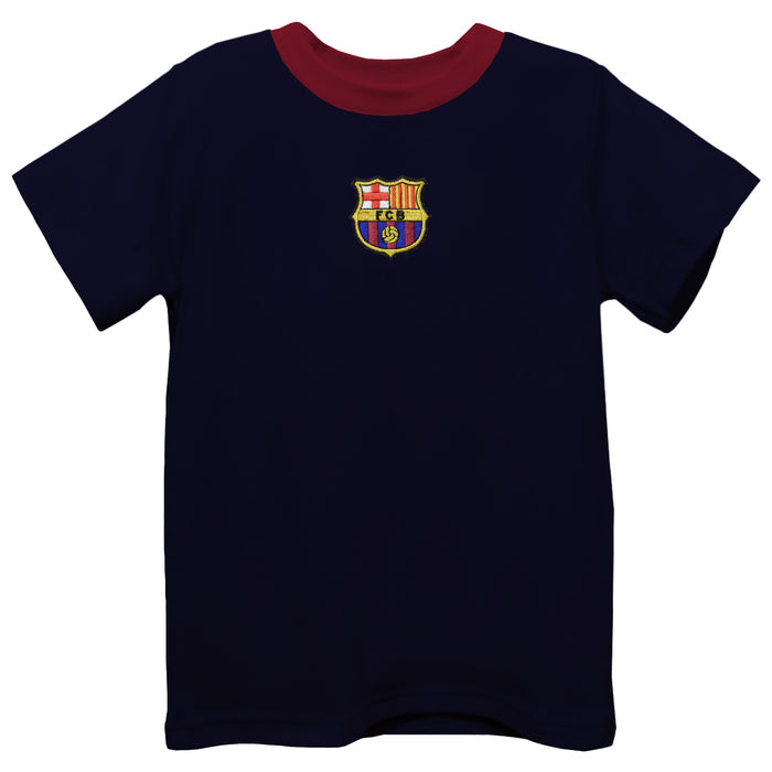 FC Barcelona  Embroidered Navy Knit Short Sleeve Boys Tee Shirt