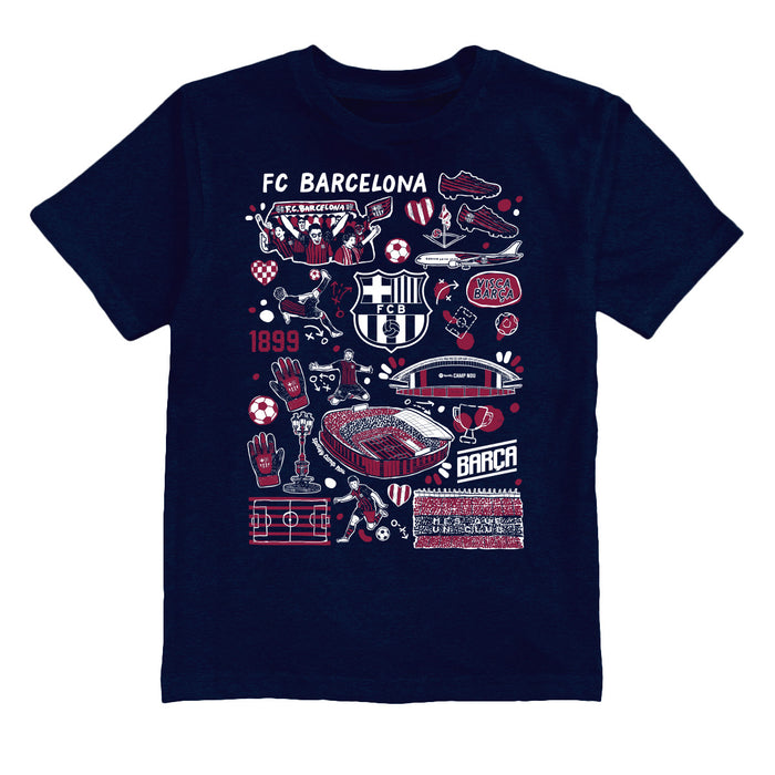 FC Barcelona Impressions Artwork Boys Navy Cotton Short Sleeve Tee