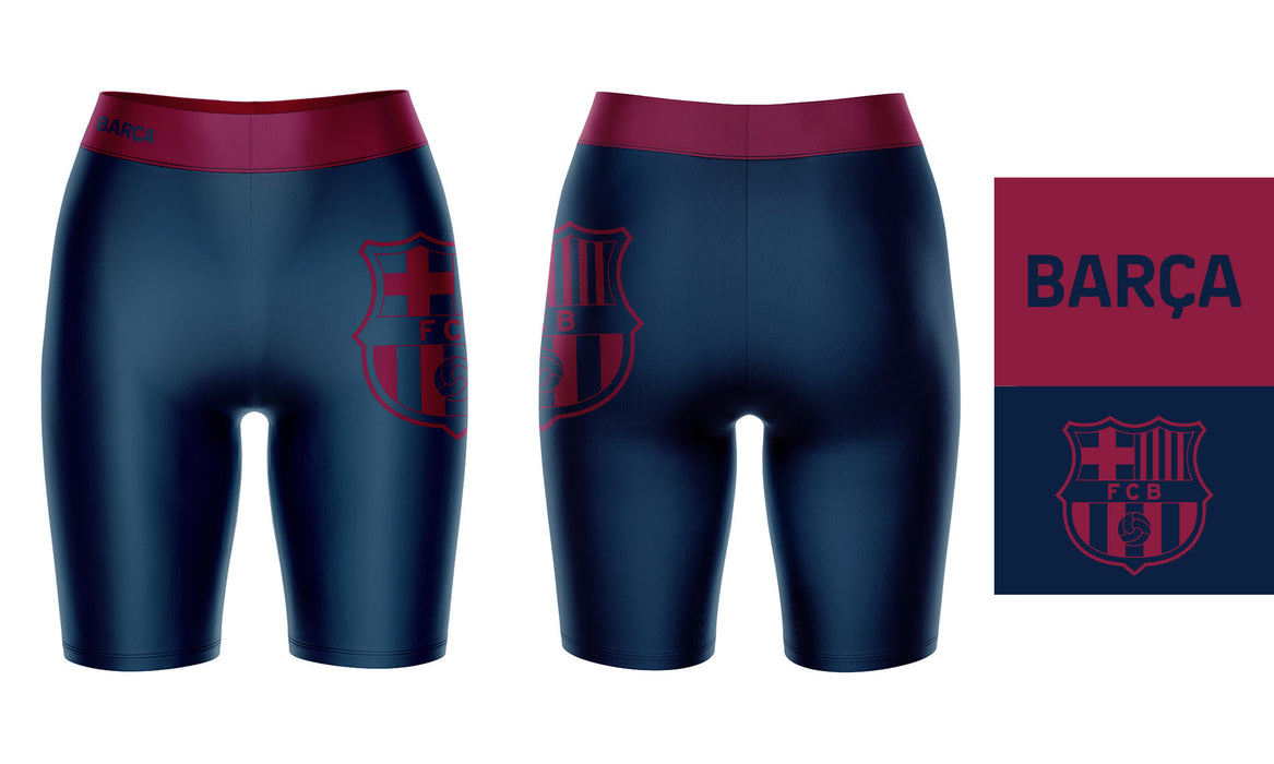 FC Barcelona Game Day Logo on Thigh and Waistband Navy and Maroon Women Bike Short 9 Inseam" - Vive La Fête - Online Apparel Store