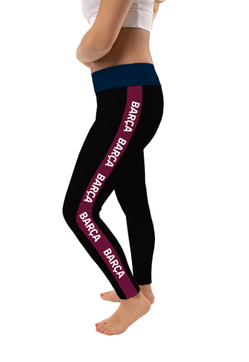 FC Barcelona Logo on Thigh and Stripes Color Block Women Black Yoga Leggings - Vive La Fête - Online Apparel Store