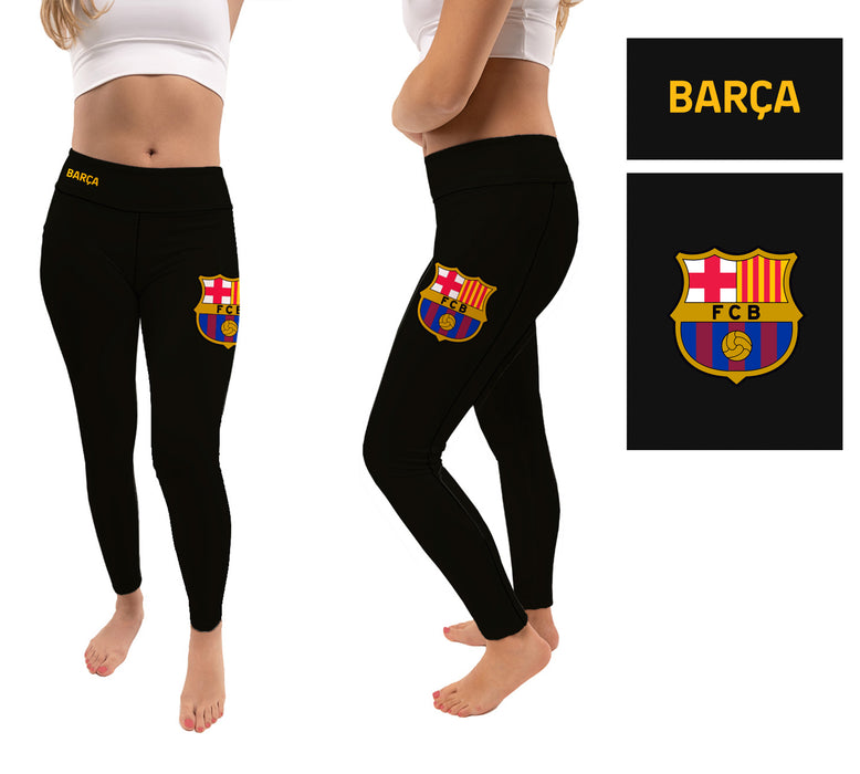 FC Barcelona Logo on Thigh Color Block Women Black Yoga Leggings - Vive La Fête - Online Apparel Store