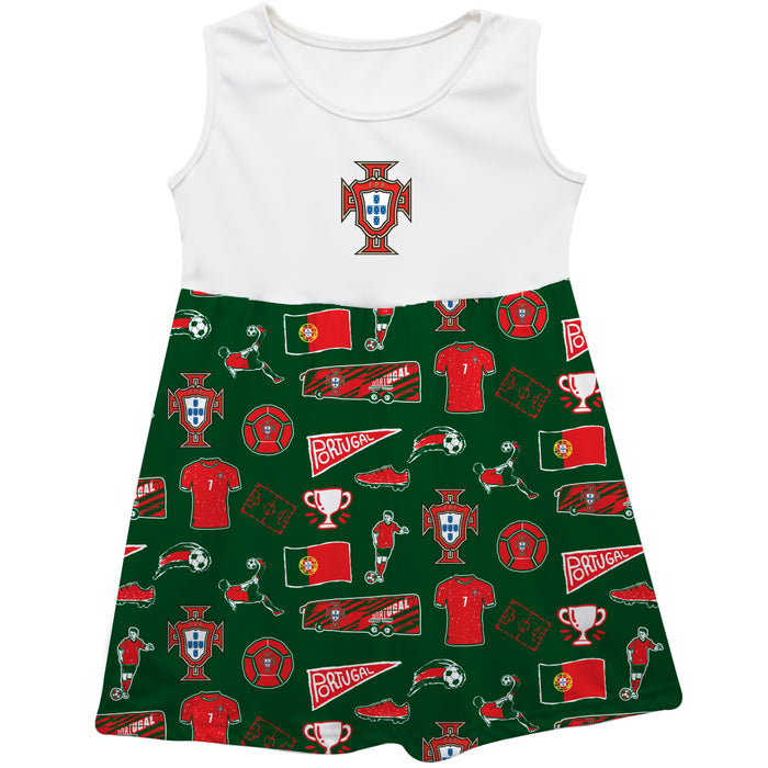 Federación Portuguesa de Futbol Repeat Print Hand Sketched Impressions Artwork Green Sleeveless Tank Dress