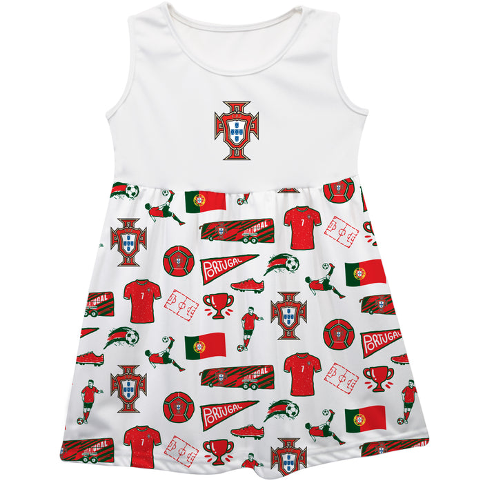 Federación Portuguesa de Futbol Repeat Print Hand Sketched Impressions Artwork White Sleeveless Tank Dress