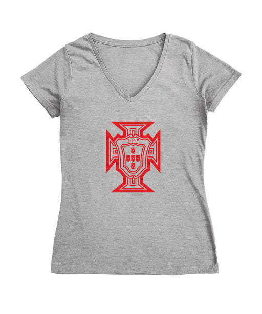 Federación Portuguesa de Futbol Women's V-neck Fitted Cotton T-Shirt Gray