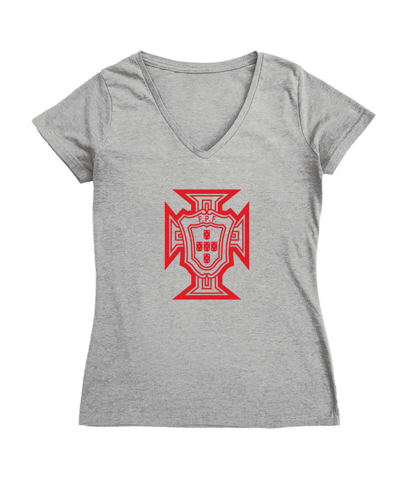 Federación Portuguesa de Futbol Women's V-neck Fitted Cotton T-Shirt Gray
