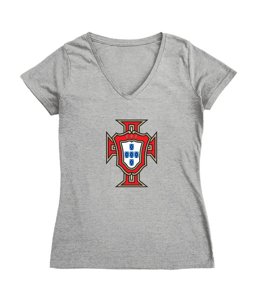 Federación Portuguesa de Futbol Women's V-neck Fitted Cotton T-Shirt Gray