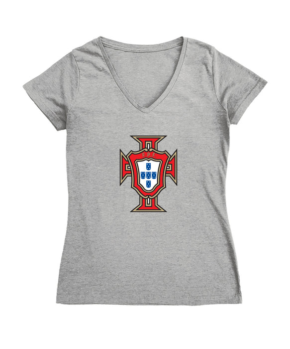 Federación Portuguesa de Futbol Women's V-neck Fitted Cotton T-Shirt Gray