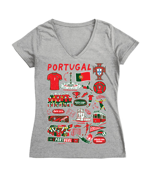 Federación Portuguesa de Futbol Women's V-neck Fitted Cotton T-Shirt Gray