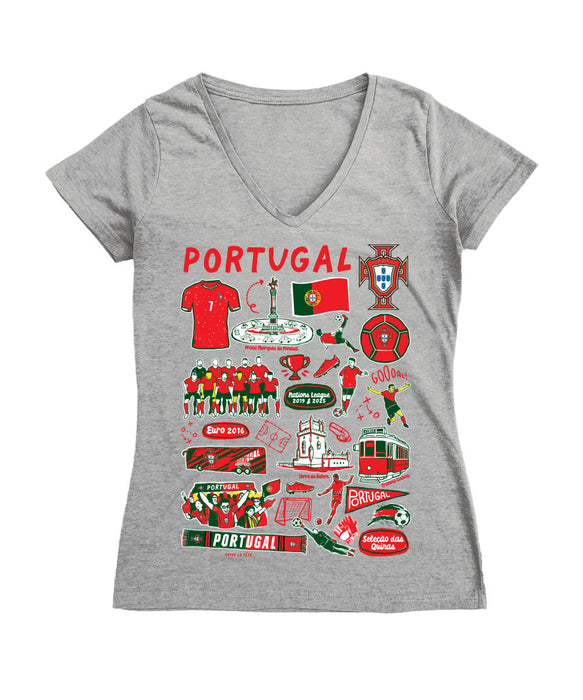 Federación Portuguesa de Futbol Women's V-neck Fitted Cotton T-Shirt Gray