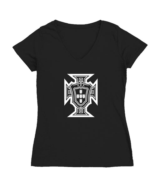 Federación Portuguesa de Futbol Women's V-neck Fitted Cotton T-Shirt Black