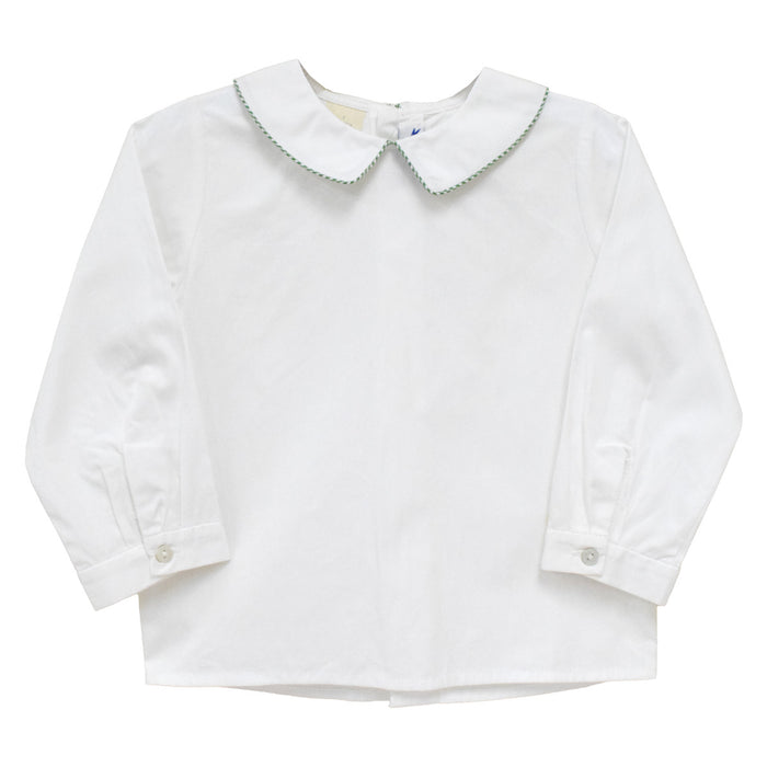 White Solid Button Back Shirt Long Sleeve With Piping Green Mini Check