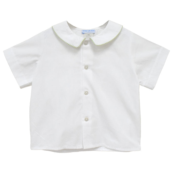 White Solid Button Front Shirt Short Sleeve With Piping Green Stripe