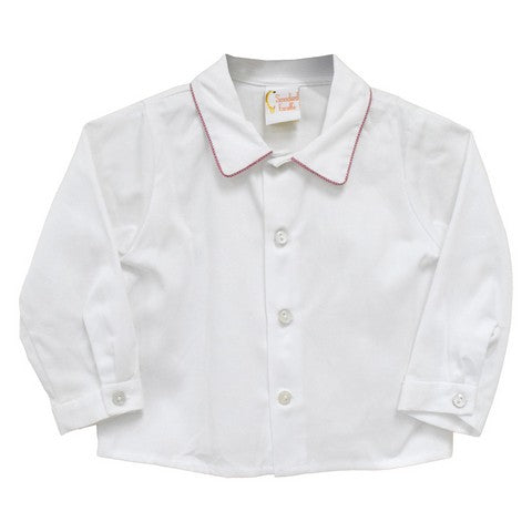 White Pique Solid Button Front Shirt Long Sleeve With Piping Red and White