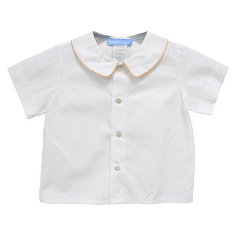 White Solid Button Front Shirt Short Sleeve With Piping