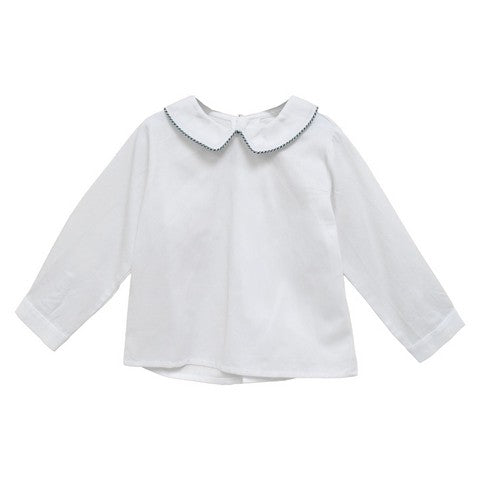 White Pique Solid Button Back Shirt Long Sleeve With Piping