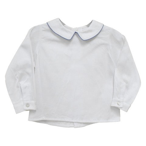 White Pique Solid Button Back Shirt Long Sleeve With Piping
