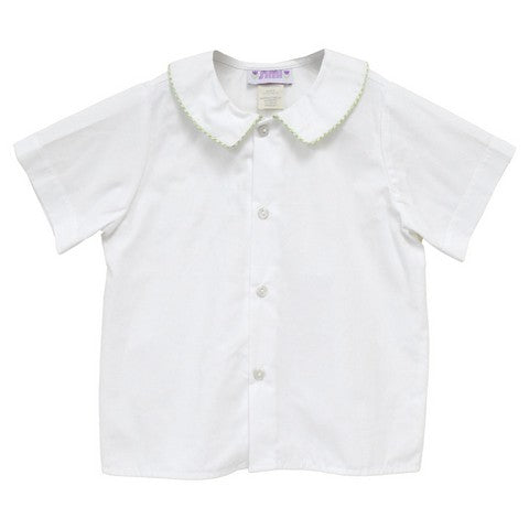 White Solid Button Front Shirt Short Sleeve with Piping Green Check Seersucker