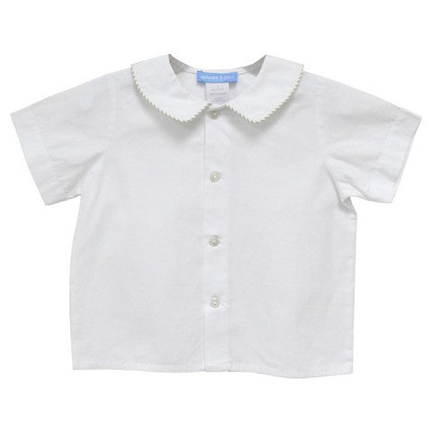 White Solid Button Front Shirt Short Sleeve With Piping Green Stripe Seersucker