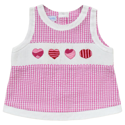 Hearts Smocked Pink Check Seersucker Girls Blouse
