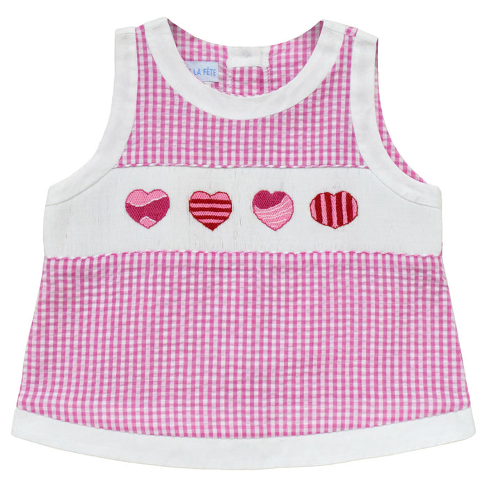Hearts Smocked Pink Check Seersucker Girls Blouse