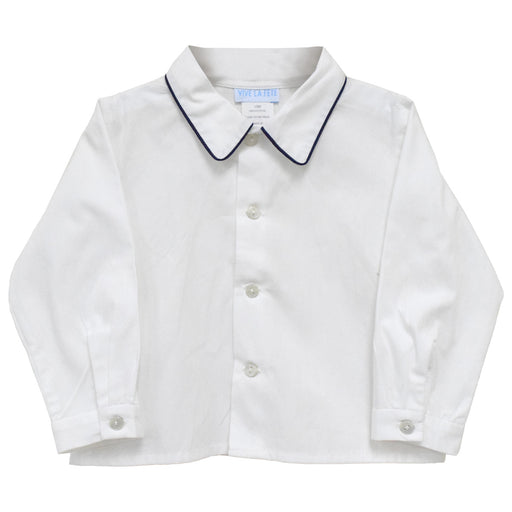 White Solid Button Front Shirt Long Sleeve With Piping Navy Solid
