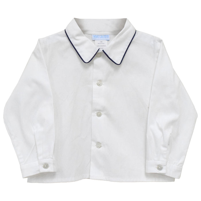 White Solid Button Front Shirt Long Sleeve With Piping Navy Solid