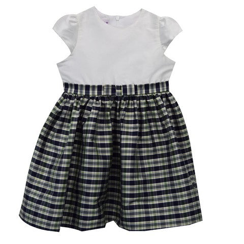 Navy Plaid Silk Dress Short Sleeve