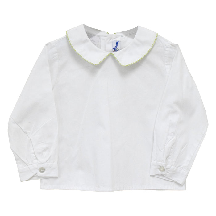 White Solid Button Back Shirt Long Sleeve With Piping Lime Green Check