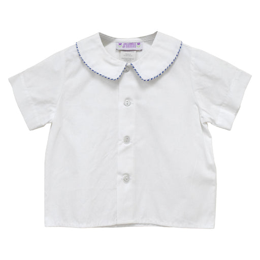 White Solid Button Front Shirt Short Sleeve with Piping Royal Check Seersucker