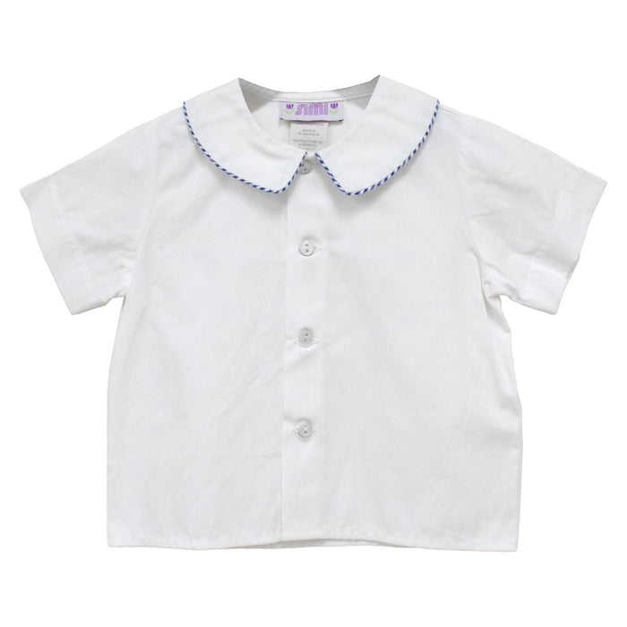 White Solid Button Front Shirt Short Sleeve with Piping Royal Check Seersucker