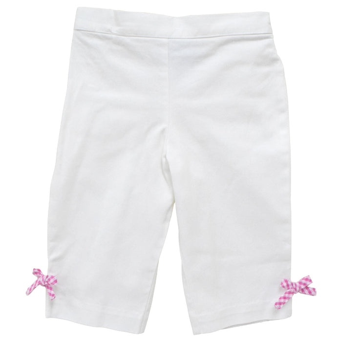 White Twill Girls Capri Pant With Bow Pink Check Seersucker