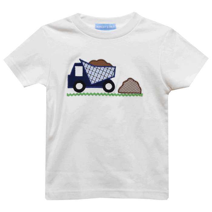 Dump Truck Applique White Short Sleeve Boys Tee Shirt
