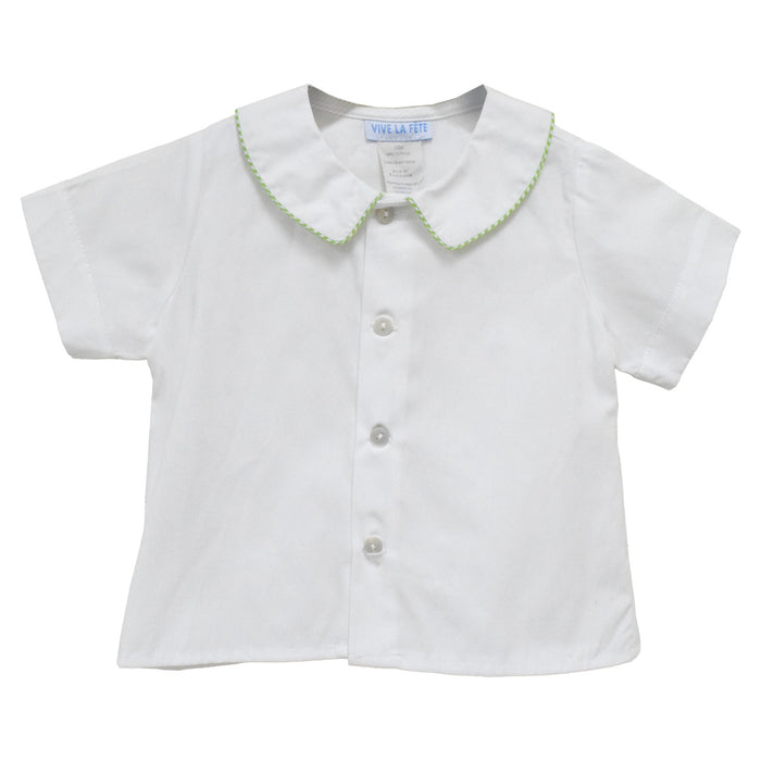 White Solid Button Front Shirt Short Sleeve With Piping