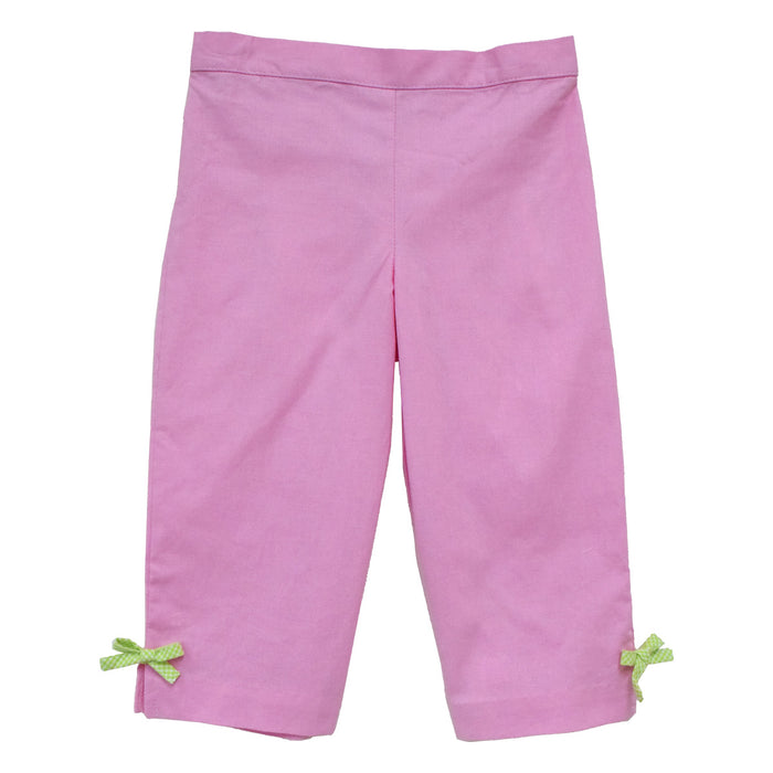 Pink Solid Girls Capri Pant With Bow Pink Check Seersucker