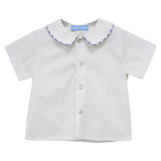 White Solid Button Front Shirt Short Sleeve With Piping Royal Medium Check