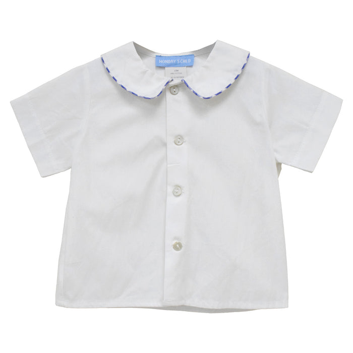 White Solid Button Front Shirt Short Sleeve With Piping Royal Medium Check