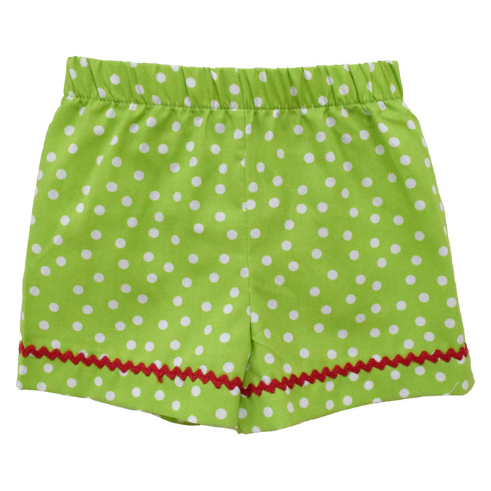 Lime Green With White Dot Girls Short With Red Ric Rac