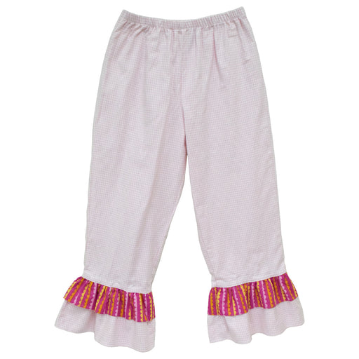 Pink Check Girls Pant With Two Ruffle