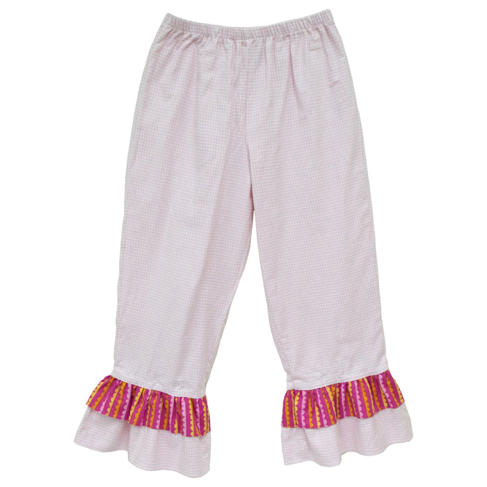 Pink Check Girls Pant With Two Ruffle