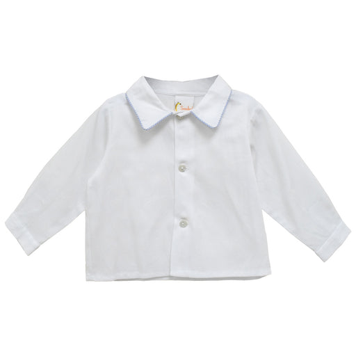 White Pique Solid Button Front Shirt Long Sleeve With Piping Light Blue Micro Check