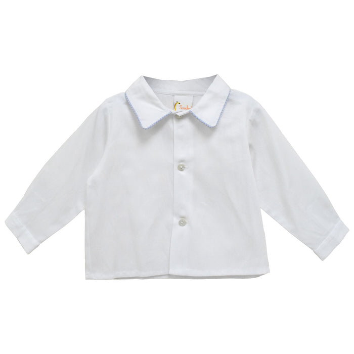 White Pique Solid Button Front Shirt Long Sleeve With Piping Light Blue Micro Check