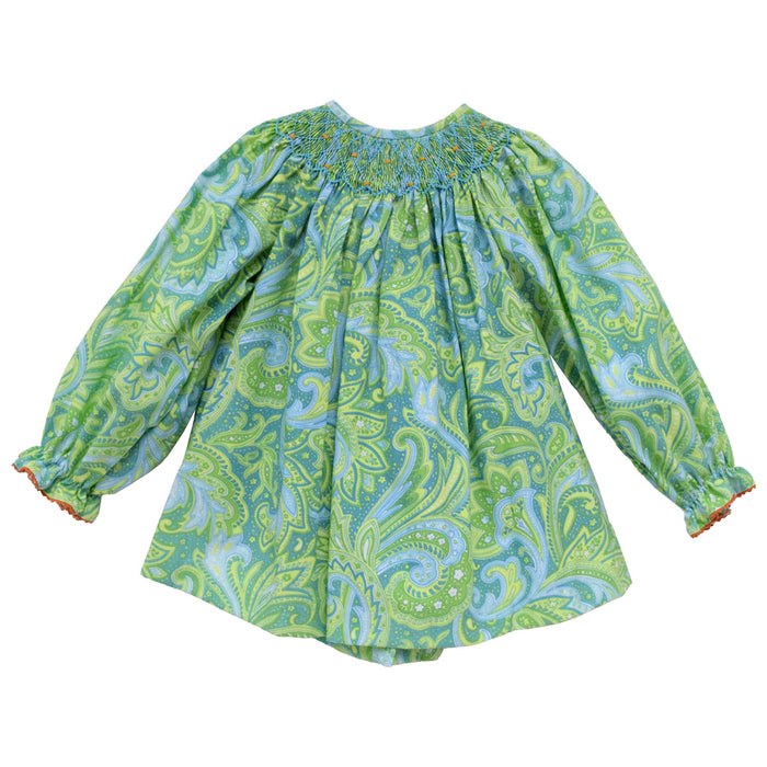 Geometric Smocked Turquoise Paisley Girls Long Blouse Bishop