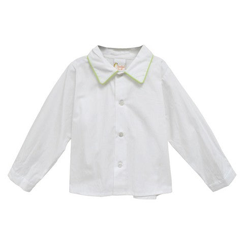 White Solid Button Front Shirt Long Sleeve With Piping Green Solid